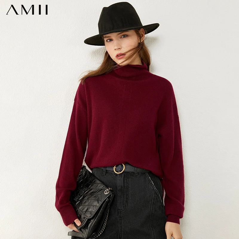 

Amii Minimalism Winter Causal Women's Sweater Fashion 100%Cashmere Solid Loose Women's Turtleneck Sweater Female Tops 12041006