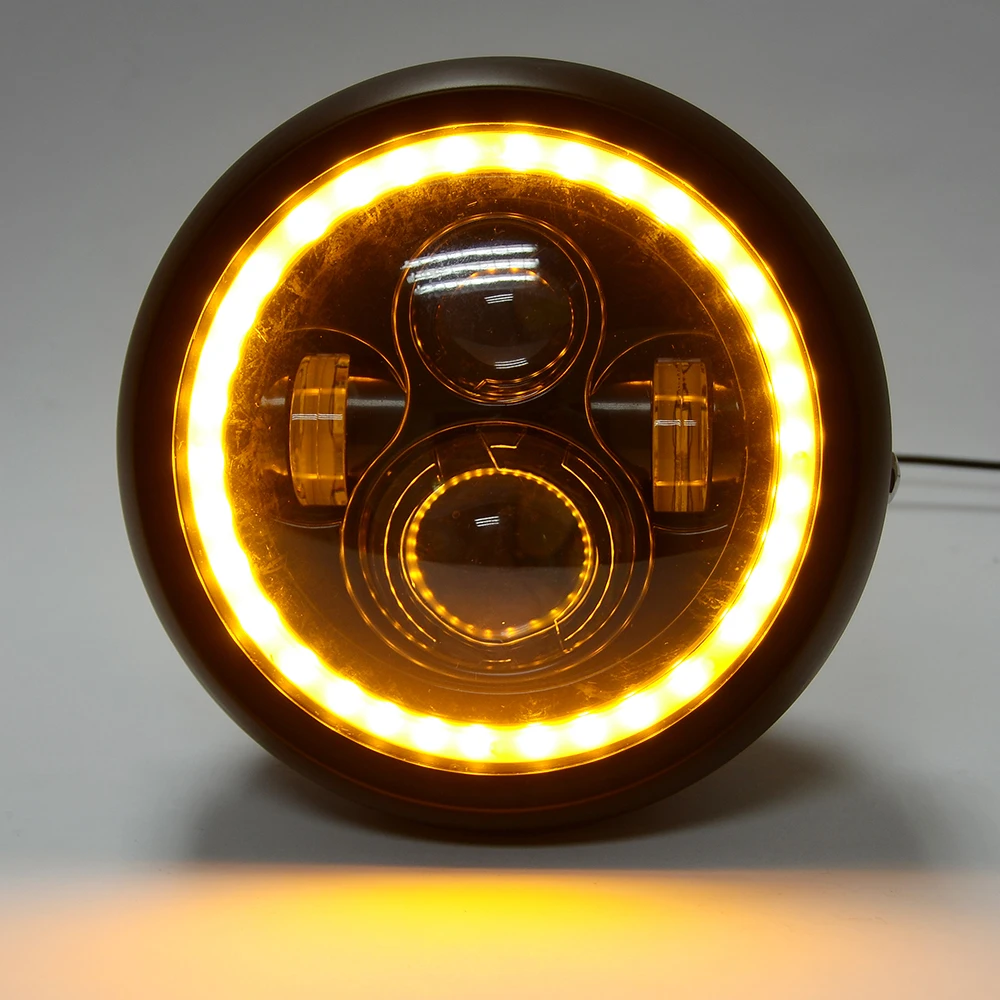 

7.5Inch LED Headlamps with Halo Ring Amber Turn Signal For Harley Honda Cafe Racer Bobber 7.5" LED Motorcycles Headlight
