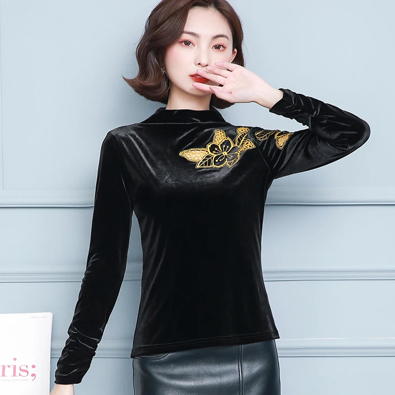 

Vintage Embroidery Velour Blouse Women Shirts Long Sleeve Stand Collar Black Women Blouses Plus Size Women Tops Blusas Mujer