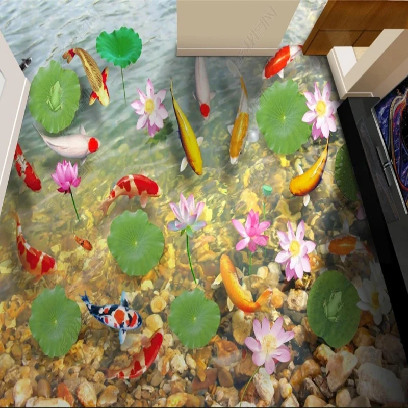 

3d Floor Sticker Clear Water Bottom Realistic Water Carp Colored Stone Decoration Floor Stickers