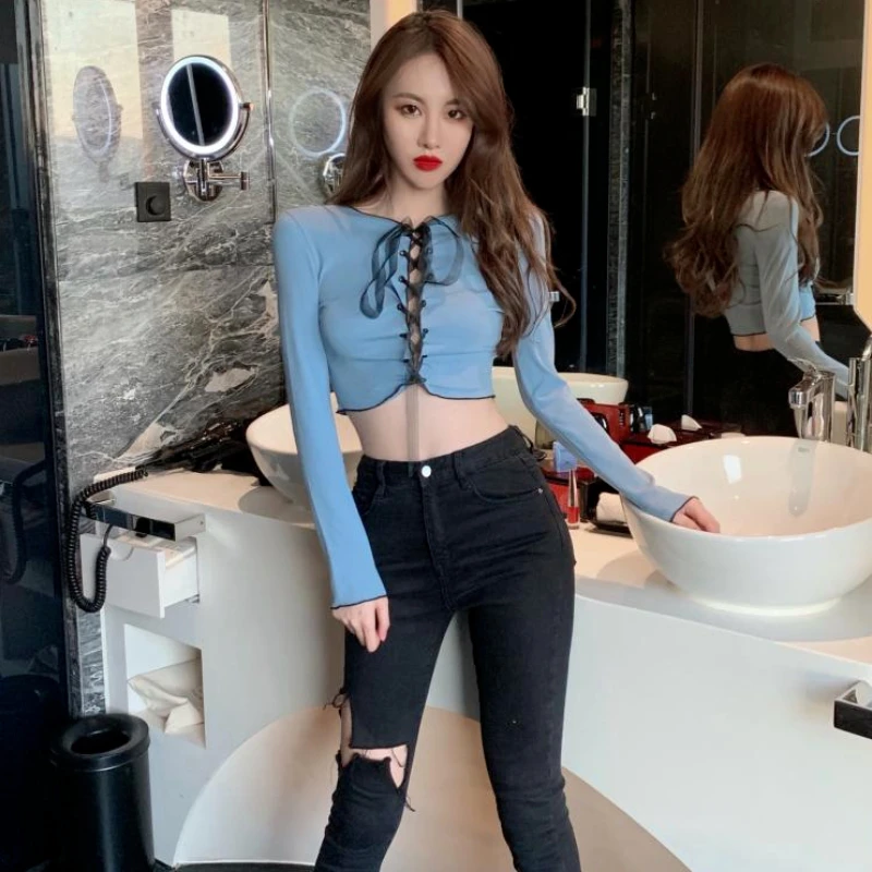 

Long Sleeve T-shirts Women Sexy Bandage Crop Tops Slim High Street Stylish Ins Fashion Leisure Female Summer New Designer Lady