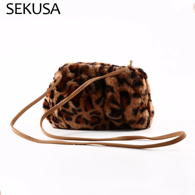 

Soft Leopard Sexy Women Bags Rabbit Fur Small Clutch Bucket Design Ruched Ladies Handbags Purse Bags