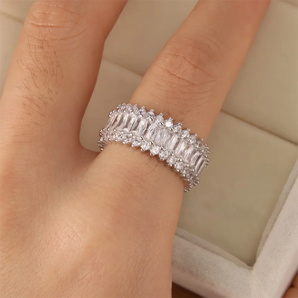 

Fashion S925 Sterling Silver New Rectangle Ring Trend Full Zirconium Ring Couple Jewelry Engagement Romantic Gift