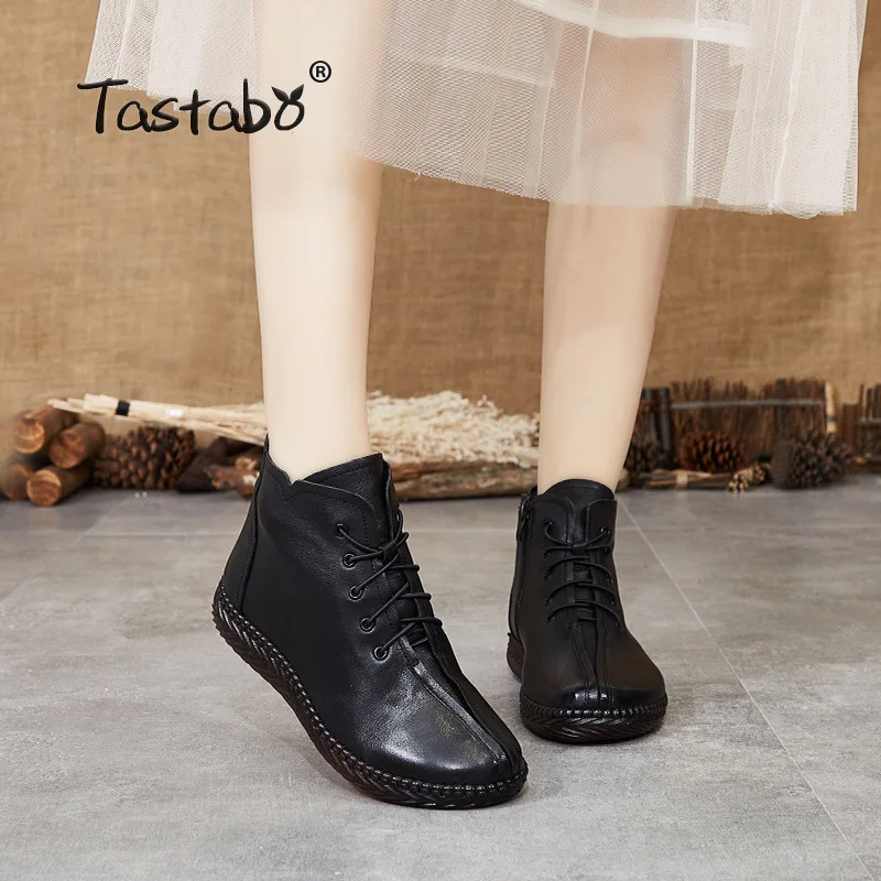 

Tastabo Genuine Original Leather Handmade Lady Boots Soft bottom S3079 Wild Women's boots Black Brown Retro style women's shoes