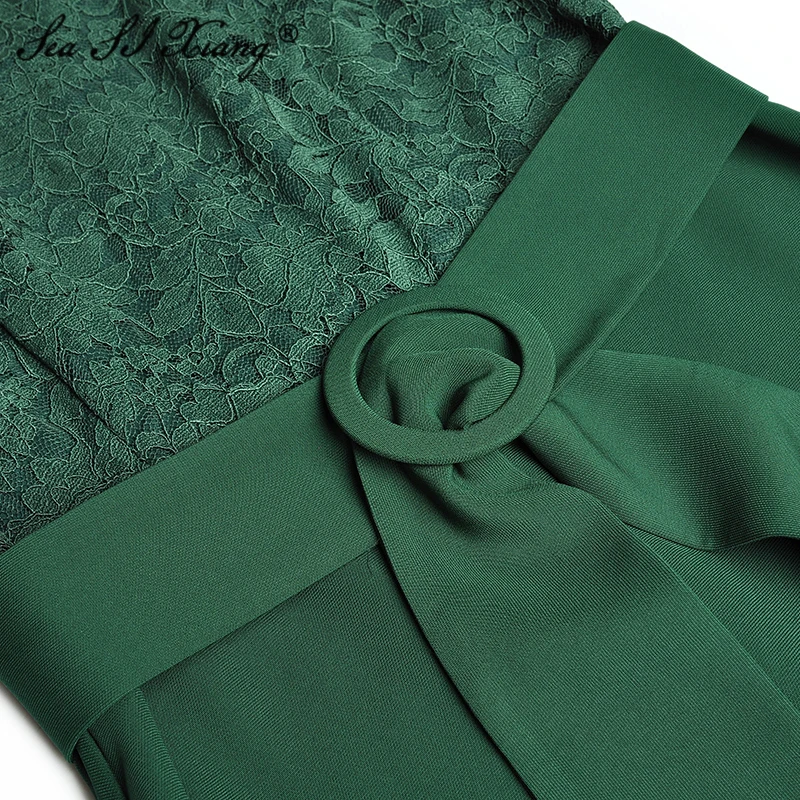 

Seasixiang Fashion Designer Spring Dress Women's Three Quarter sleeve O-Neck Bow Lace Up Lace Patchwork Dresses