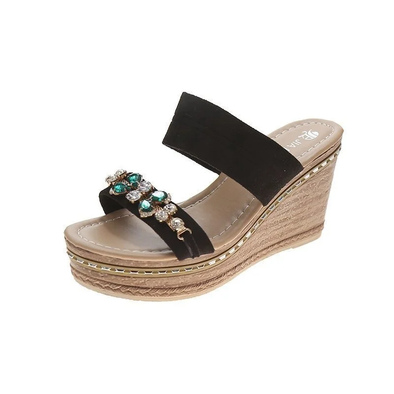

2021 Luxury Crystal Sandals Summer Women Solid Flock Thick Platform Wedge Height Increasing Fashion Elegant Ladies Shoes Female