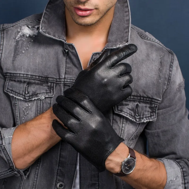 

Men's Thin Genuine Leather Fit Gloves Male Breathable Soft Fashion Classic Goatskin Autumn Unlined touch screen Driving Gloves