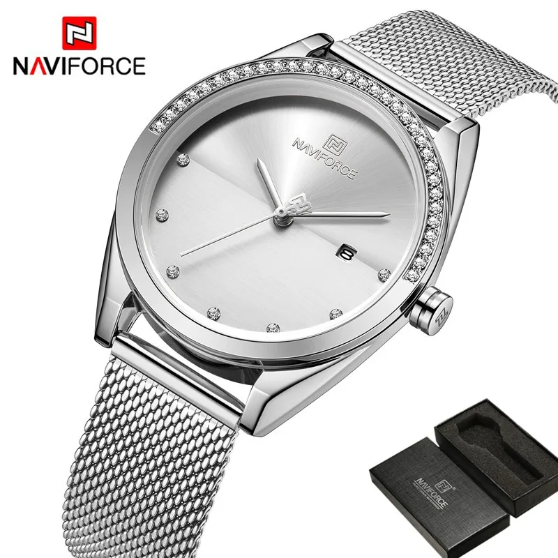 NAVIFORCE женские часы Топ бренд класса люкс серебряные наручные сетка браслет из