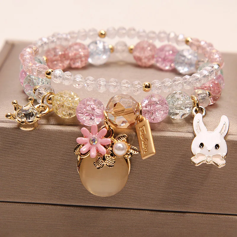 

Korean summer style fresh pop flower crystal bracelet rabbit turnip pendant cute bracelet for women female jewelry gift fot girl