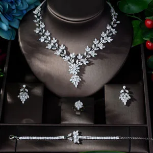 white gold plated HIBRIDE, супер роскошный лист, листья, полный AAA кубический цирконий, женское свадебное платье, ожерелье, серьги, ювелирные изделия, Женские Ювелирные наборы, N-1143 - Окраска металла: white gold plated