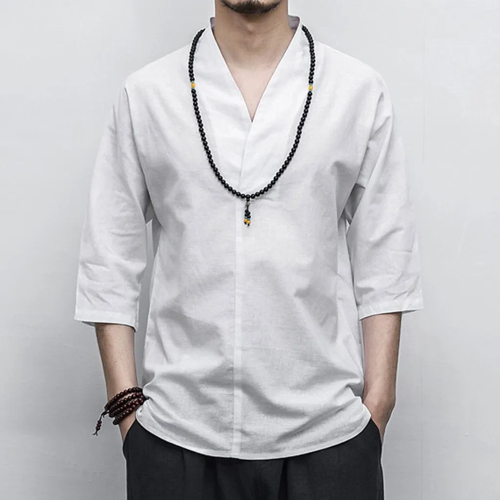 Men Shirt Vintage Ancient Chinese Male Blouse Kung Fu Style Cotton Linen 3/4 Sleeve V Neck Loose Leisure Solid Tops | Мужская одежда