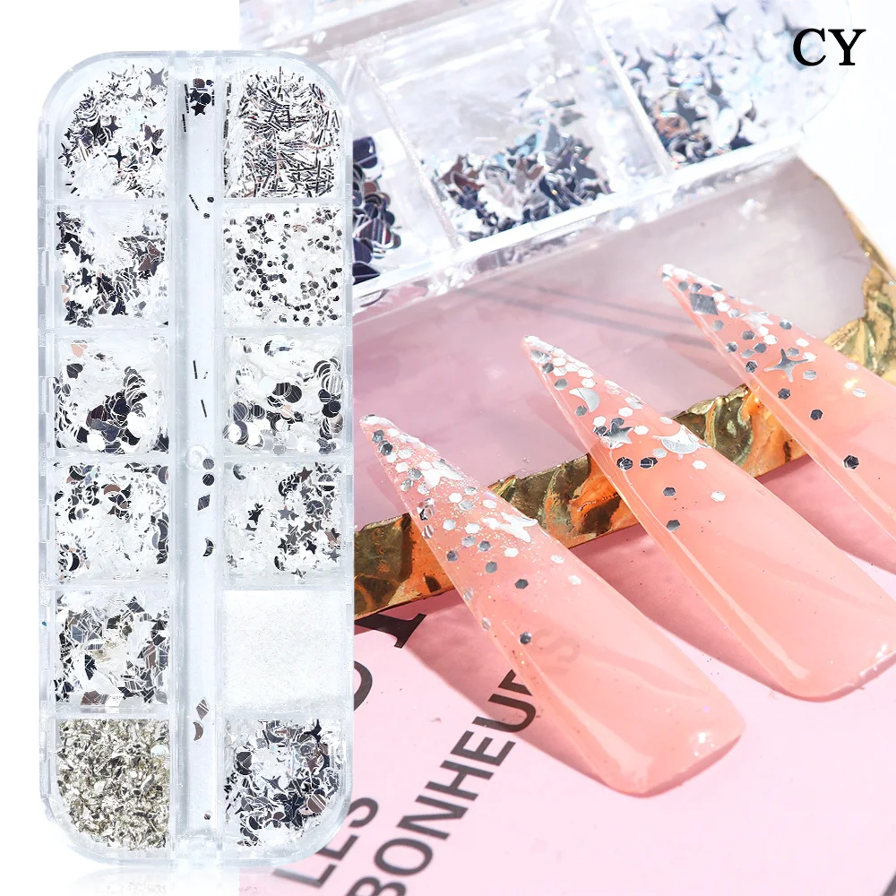 Зеркальный серебряный блеск для ногтей блестки бабочка Звезда 3D дизайн