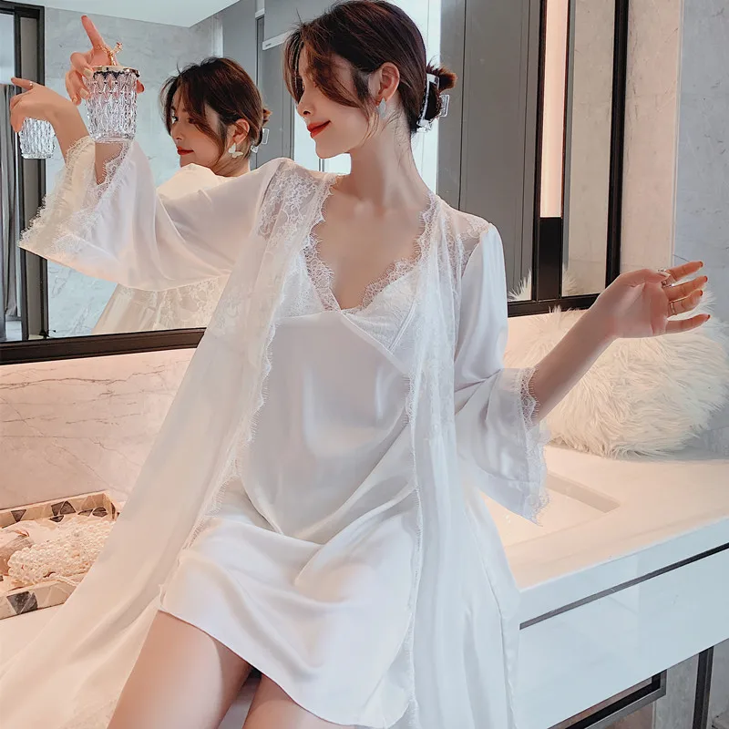 

Conjunto de camisola de cetim com duas peças, roupa de dormir sexy, feminina, casual, estilo kimono, moda verão