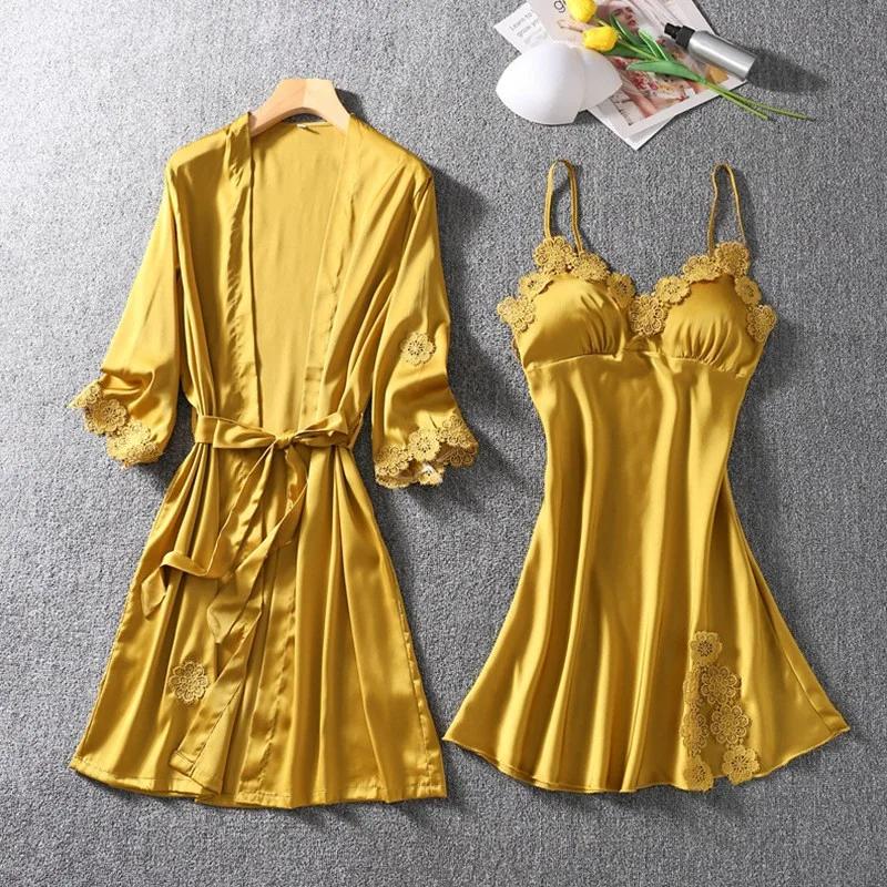 

Silky Satin Kimono Bathrobe Gown Sleepwear 2021 New Women 4PCS Sleep Set Nightgown Intimate Lingerie Lace Nightwear Homewear