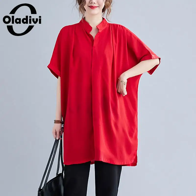 

Блузка Oladivi женская оверсайз с коротким рукавом, Однотонная рубашка, повседневный Свободный Топ, блуза 3XL 4XL 5XL 6XL 7XL, лето 2021