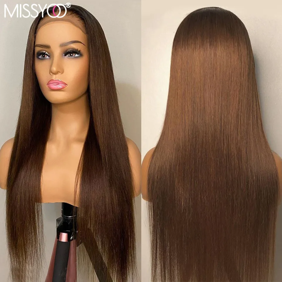 Honey Brown Human Hair Wigs 4# Straight 4x4 Lace Closure Wig With Baby Hair For Black Women Brazilian Remy Hair Front Lace Wigs