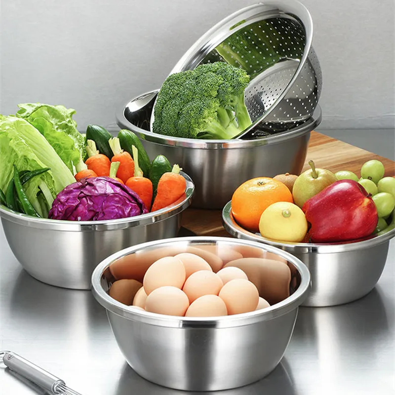 

5PCS Stainless Steel Basin Thickened Non-Magnetic Rice Rinsing Sieve Seasoning Jar 304 Gift Basin Set Hotsale Kitchen Basin Sets