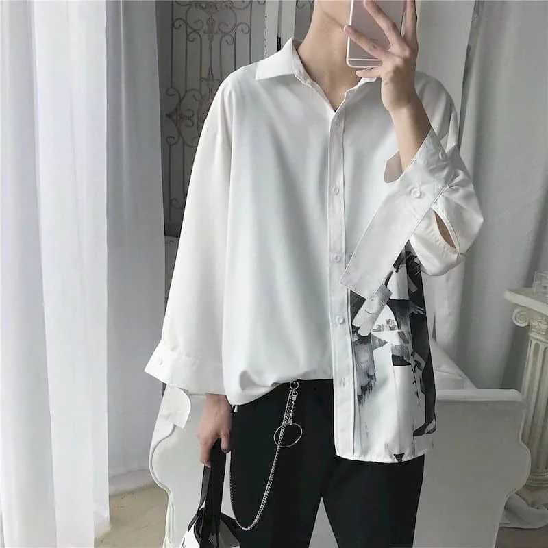

Shirt Men Blouses Couple Korean Style Scheming Design Three-quarter Sleeves Printed Shirts Korean Trendy Handsome Loose-fitting