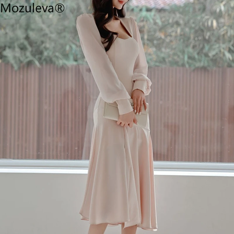 Женское платье с квадратным вырезом длинным рукавом и тонкой талией | Женская