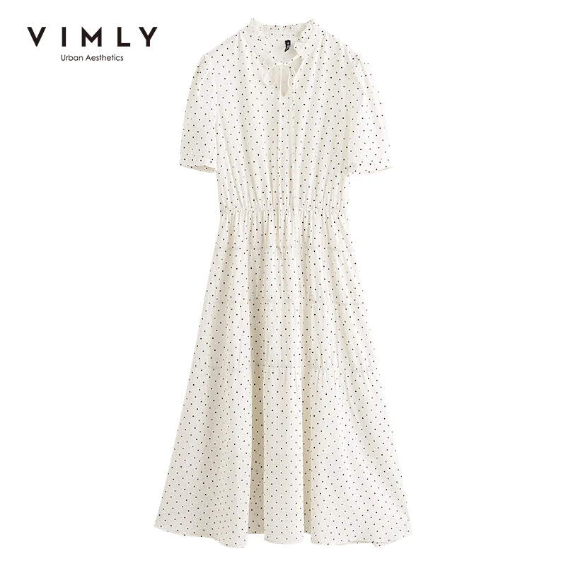 Платье-макси в горошек с V-образным вырезом и поясом на резинке | Женская одежда