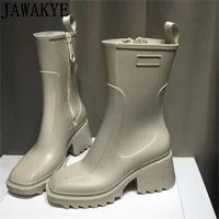 2021 Winter Hot sale PVC Rain Boots Women Brown Grey Chunky Heel Mid Calf Boots Luxury Brand Chelsea Boots Ankle Boots female