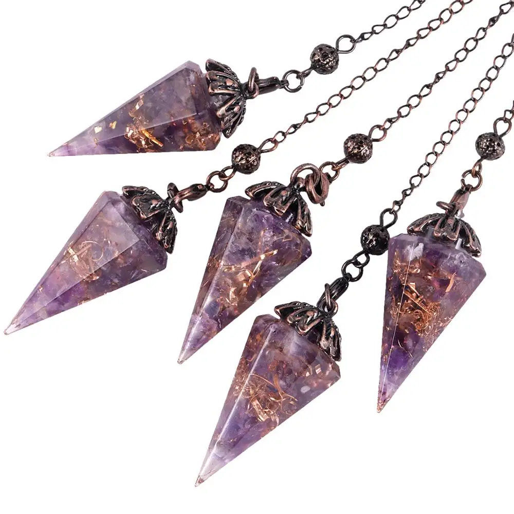 

SUNYIK Natural Chips Stone Hexagonal Point Pendulum Antique Color Chain Chakra Reiki Cone Pendule for Dowsing Wicca Divination
