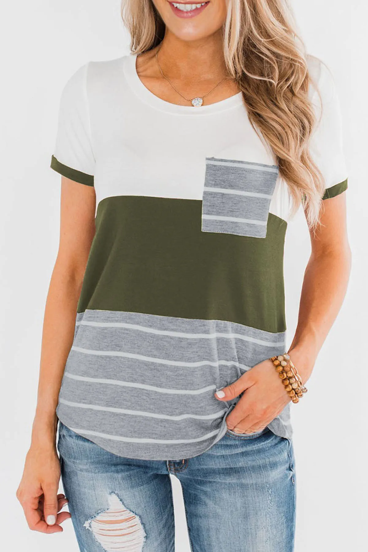 

2020 spring and summer new women's tops explosion models pocket three-color stitching short-sleeved striped t-shirt Black