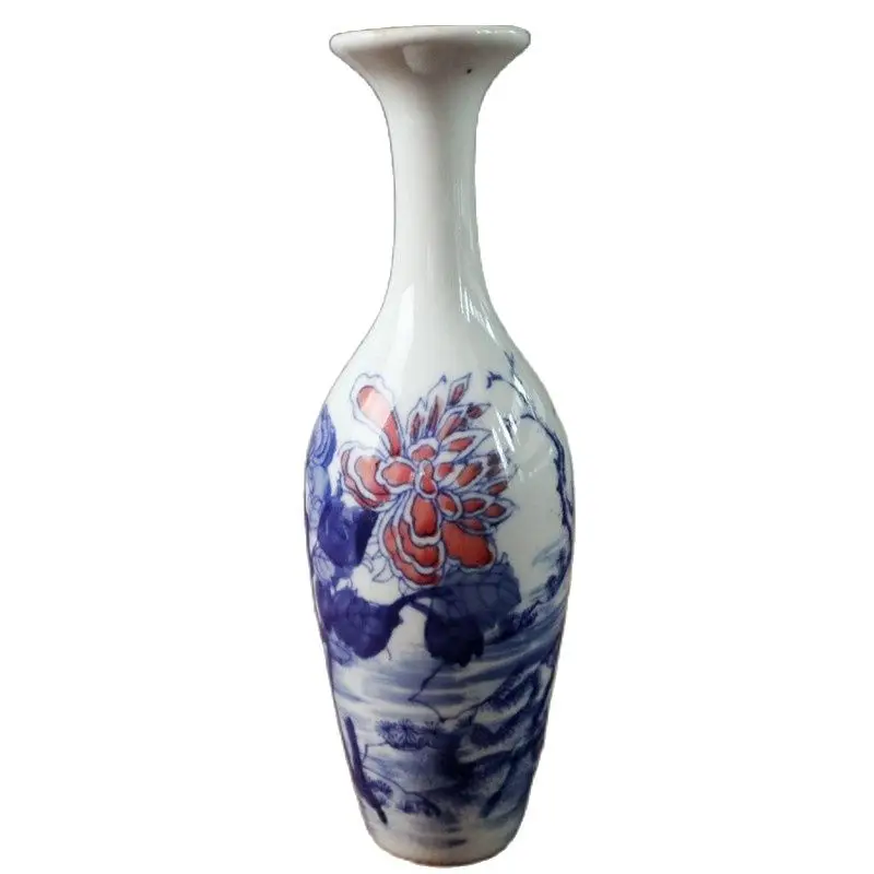 

Chinese Old Porcelain Blue And White Glaze Red Flower Bird Pattern Vase