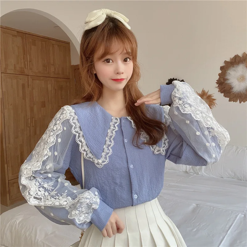 

Elegant Lace Patchwork Long Sleeve Blouse Shirt Women Vintage Peter Pan Collar Tops Autumn Female Casual Streetwear Blusa