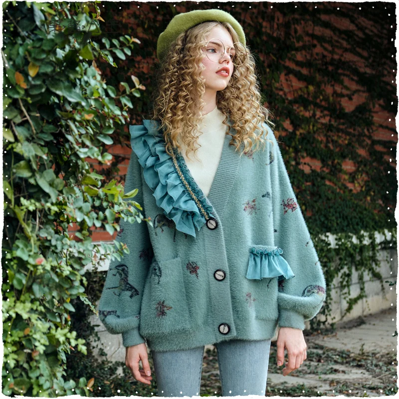 Женский свитер в стиле ретро зима 2019 новинка с оборками принтом вязаный кардиган