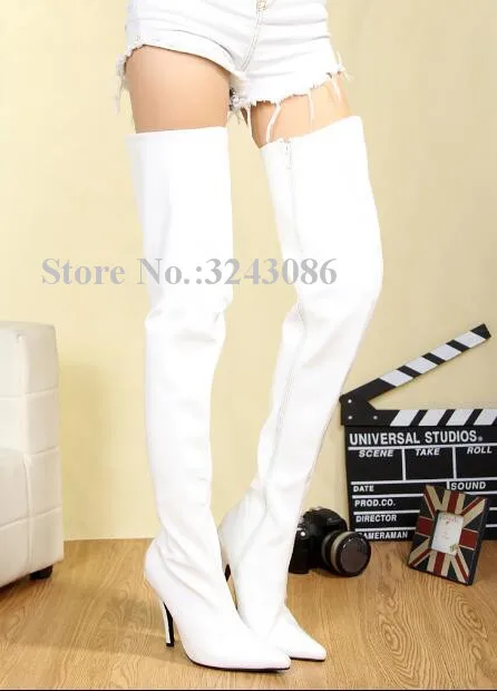 Белый Woman Patent Leather 10cm Heel Long Boots Thin Heel Thin Legs Over the Knee Thigh High Boots Large Size Female Stage Show Boots - Цвет: Белый