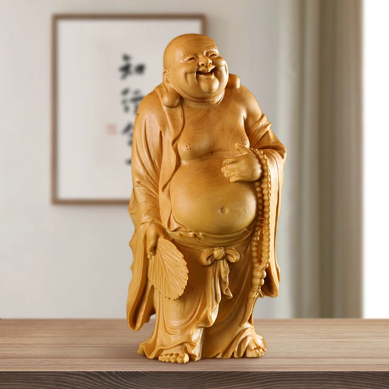 

Happy Buddha Buddha 12/18cm Wood Statue Laughing God With Fan Buddhist Maitreya Monk Solid Chinese Boxwood Sculpture