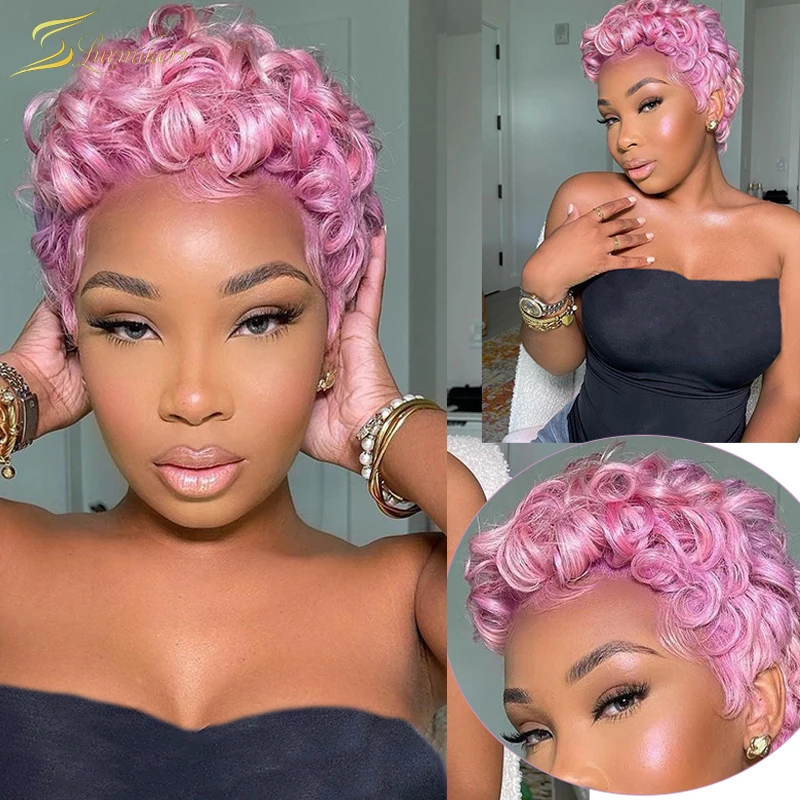 

Pink Color Pixie Cut Wig Human Hair Short Curly Deep Wave Frontal Wig Bob Water Wave Lace Front Wig 613 Blonde 13x1 Preplucked