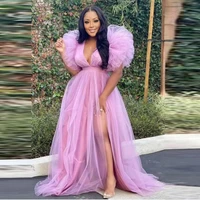 puffy sleeves side slit tulle dress for women light purple plus size tulle dress party birthday dress for photo shoot