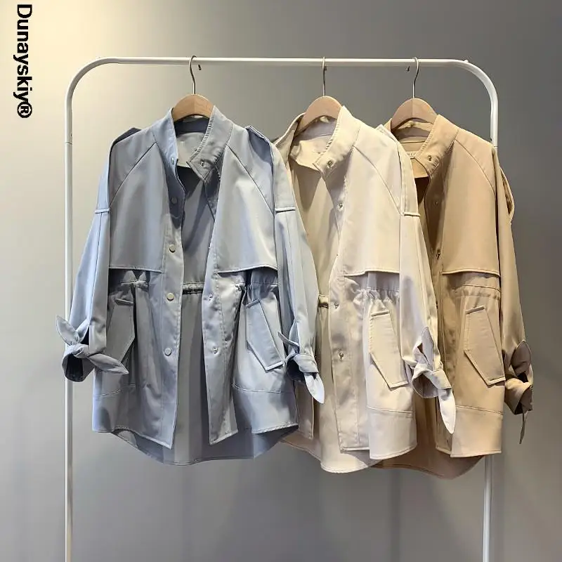 

New 2021 Autumn Winter Women's Cargo Windbreaker Drawstring Vintage Pockets Outerwear Oversize Trench Tops