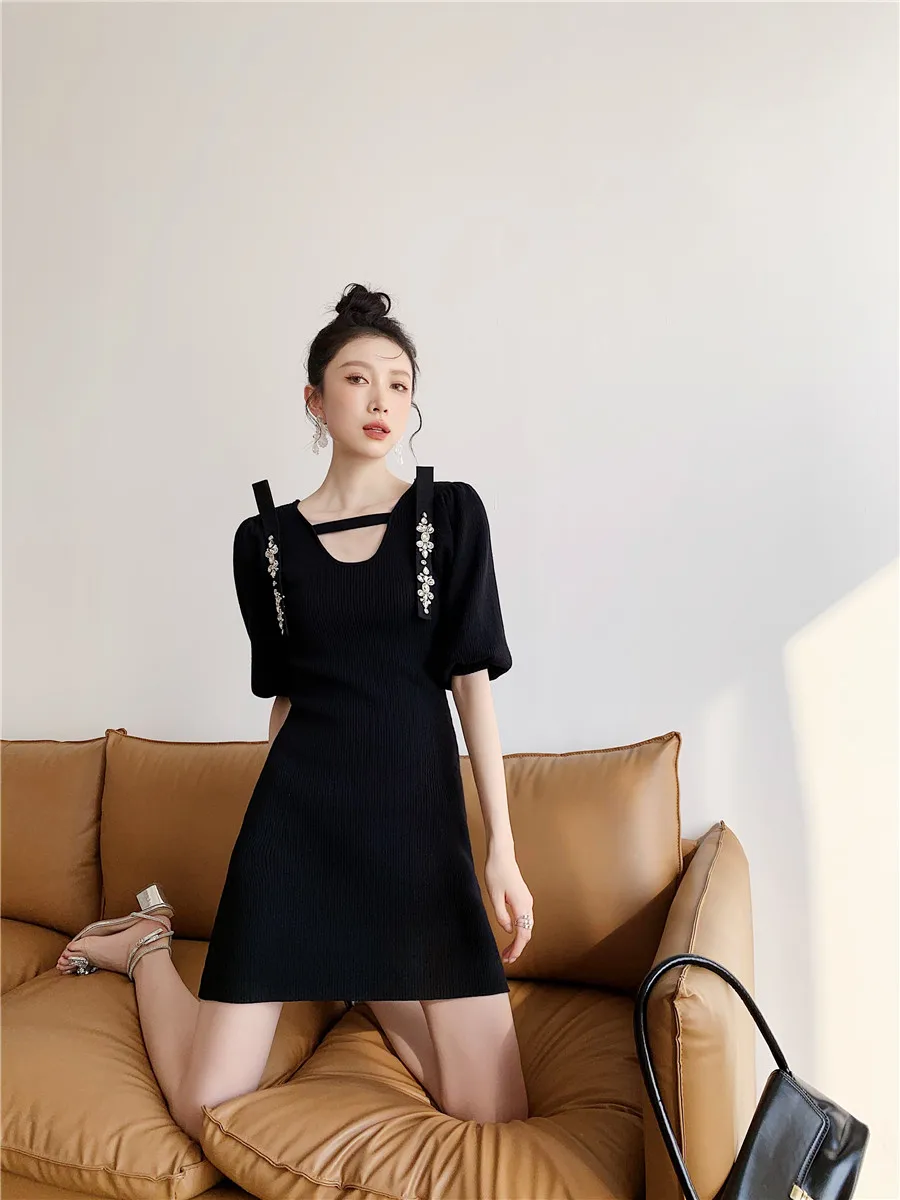 

Женское платье средней длины с пышными рукавами, черное платье во французском стиле, весна-лето 2353 #