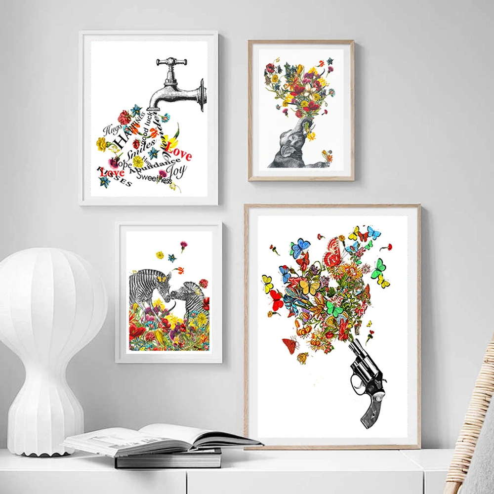 Фото Бабочки и цветы винтажная револьверная Картина на холсте Мультяшные животные