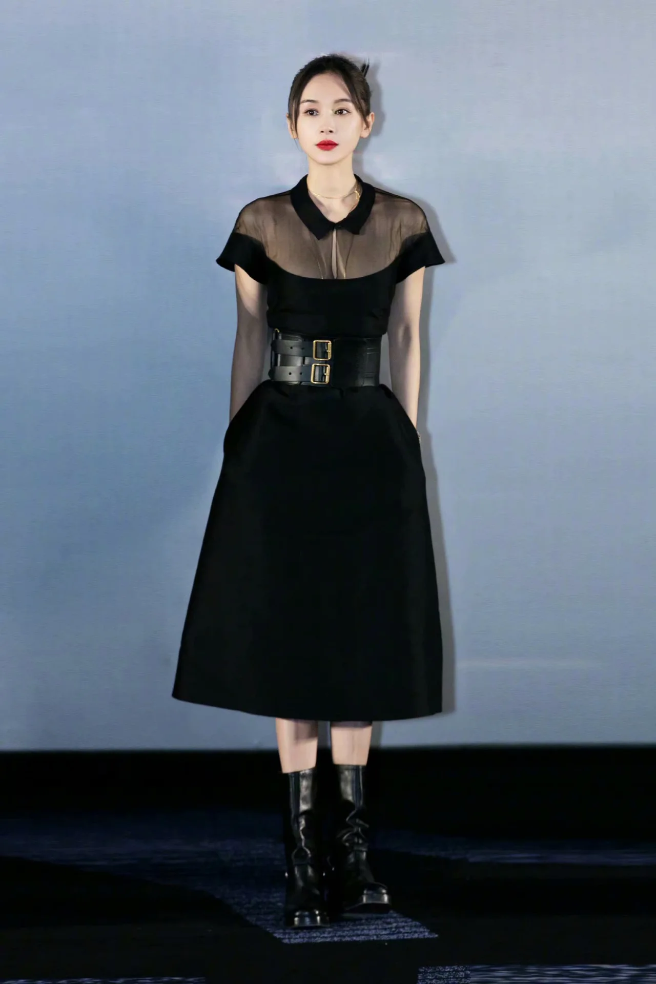 

2021 Spring Summer Dress Black Lapel Neck Short Sleeve Empire Fashion Womens Dress