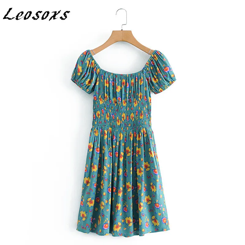 

Leosoxs French pastoral floral dress women square collar puff sleeve elastic waist design vintage Poplin dresses 2021 Summer New