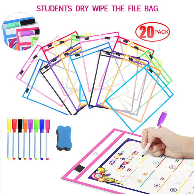 20PCS Dry Wipe The File Bag Reusable Dry Eraser Pockets PVC Transparent Write Wipe Drawing Whiteboard Used for Teaching Supplies