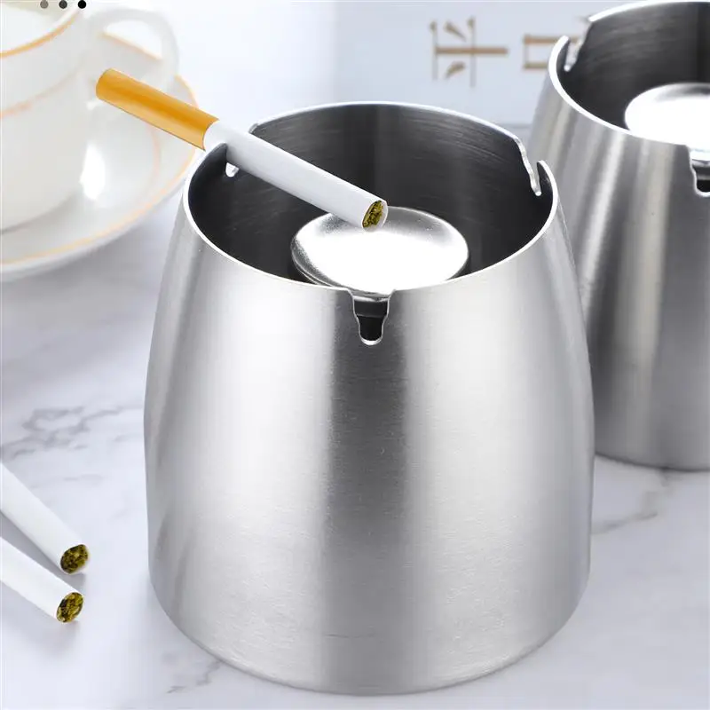 

Silver Stainless Steel Ashtray Thickened And Heightened Ashtray With Cover & U-Shaped Fluted Cigarette Holder For Hotel Bar KTV