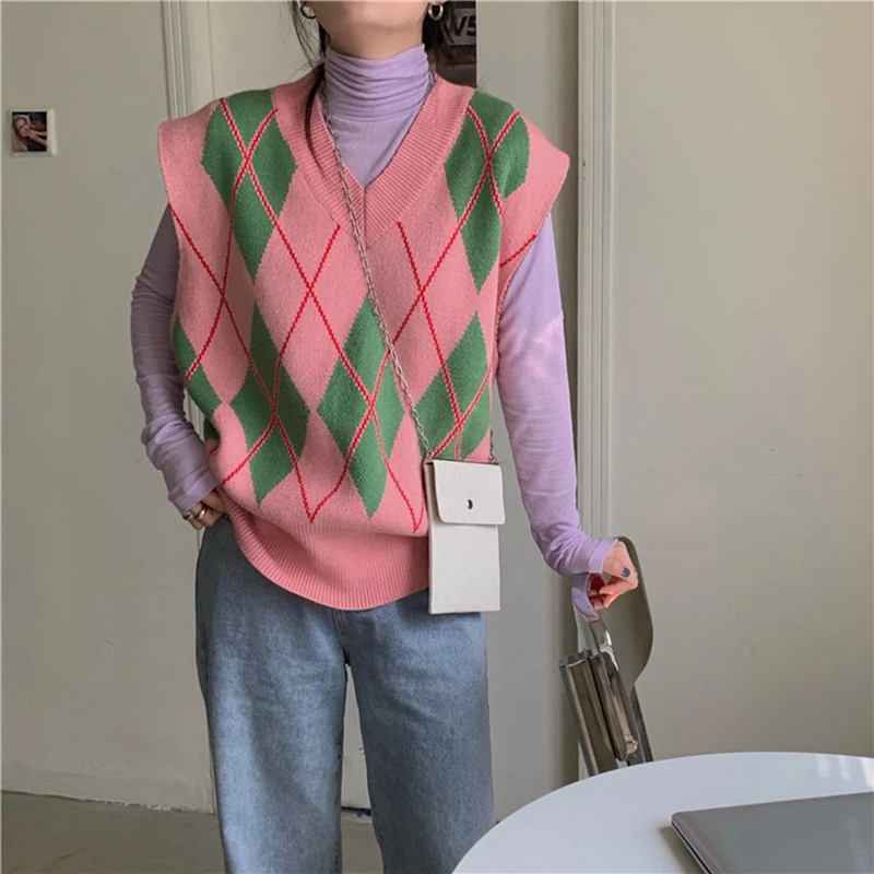 Женские контраст Алмаз жилет с рисунком свободные Джемпер треугольным воротом