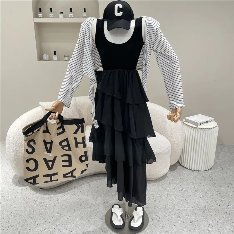 

Women's Clothing Summer 2021 Fashion New thin striped shawl + cascade Ruffle cake strap dress Two piece set