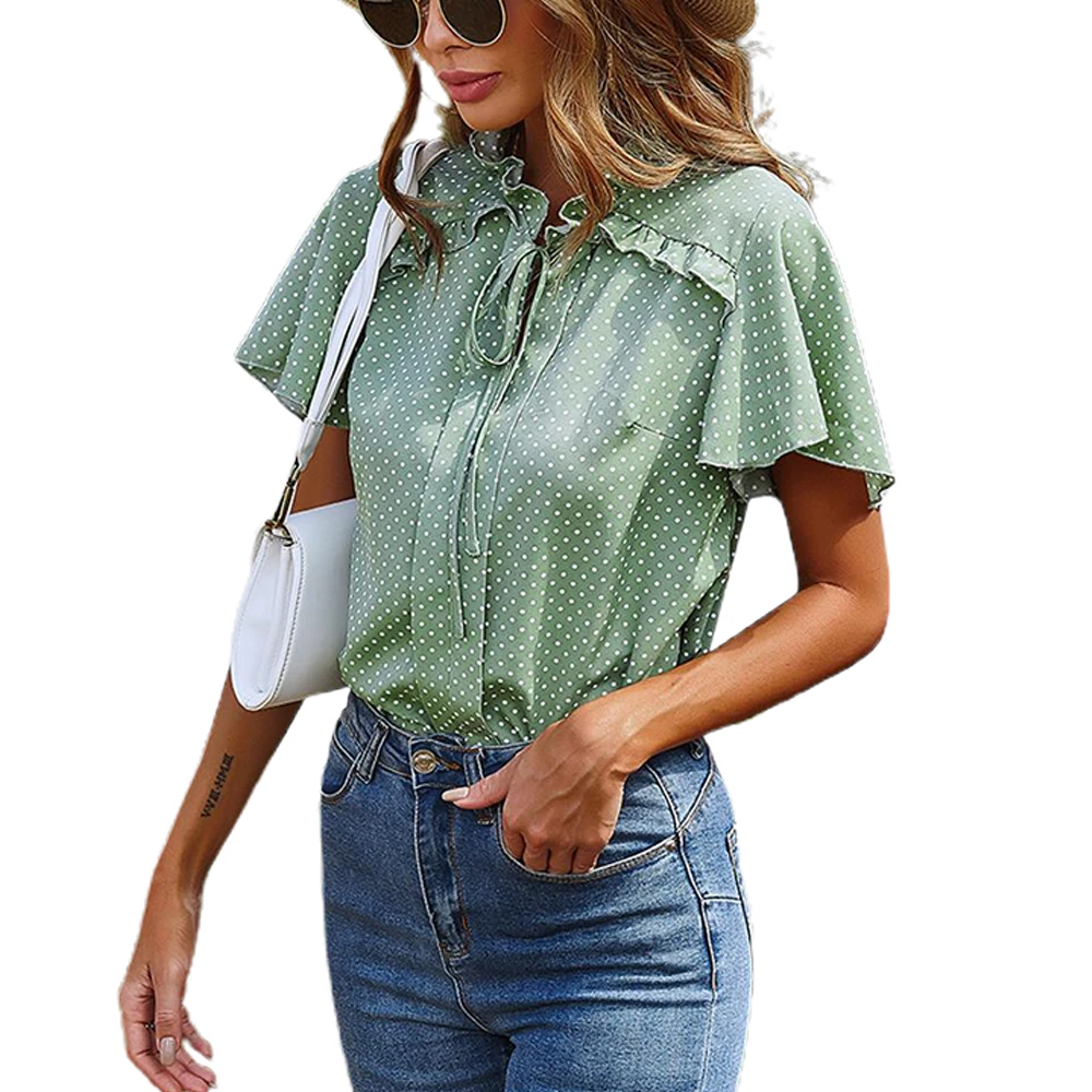 

Harajuku Fashion Summer European and American Stitching Wood Ear Lace Polka Dot Shirt Women Summer Casual Tops