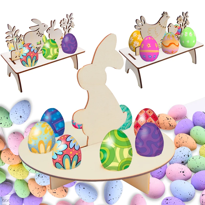 

Easter Ornament Wooden Easter Eggs Shelves Stand Chick Rabbit Pattern DIY Eggs Tray Rack Easter Party Home Decor Foam Easter Egg