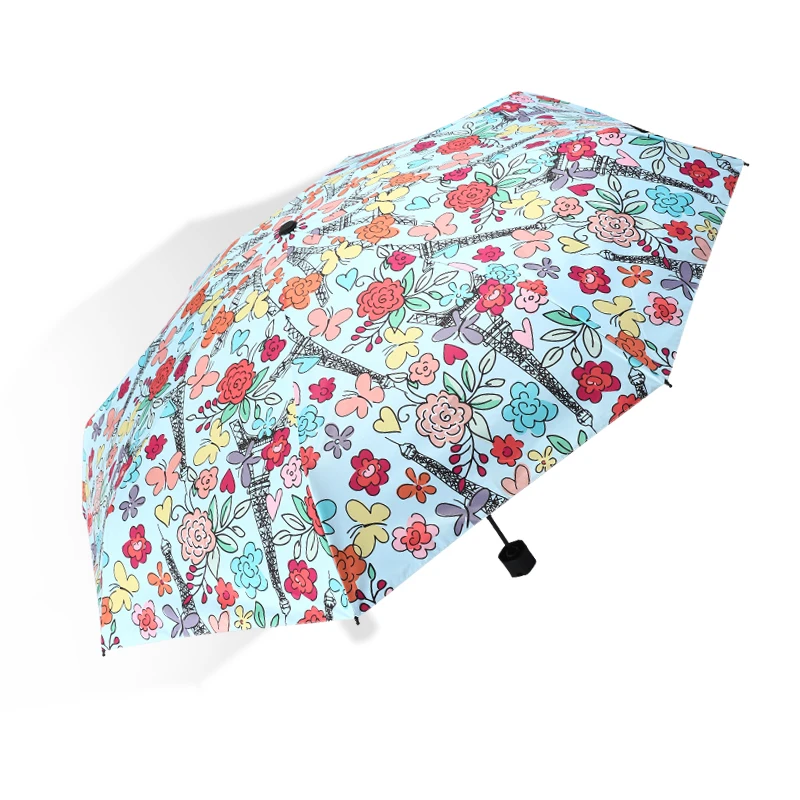 Солнечный или дождливый женский зонт ветрозащитный складной с цветами и башней