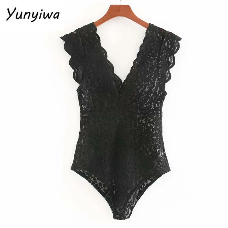 Сексуальный полутонкий кружевной комбинезон женский без рукавов с v образным