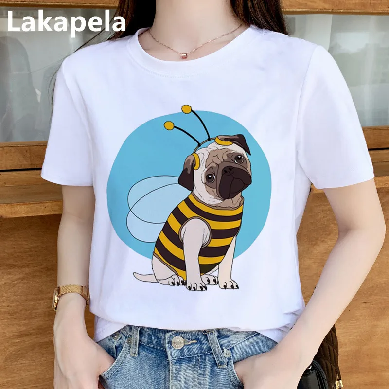 Футболка женская с принтом Щенка Мопса Санты модный топ в стиле Харадзюку