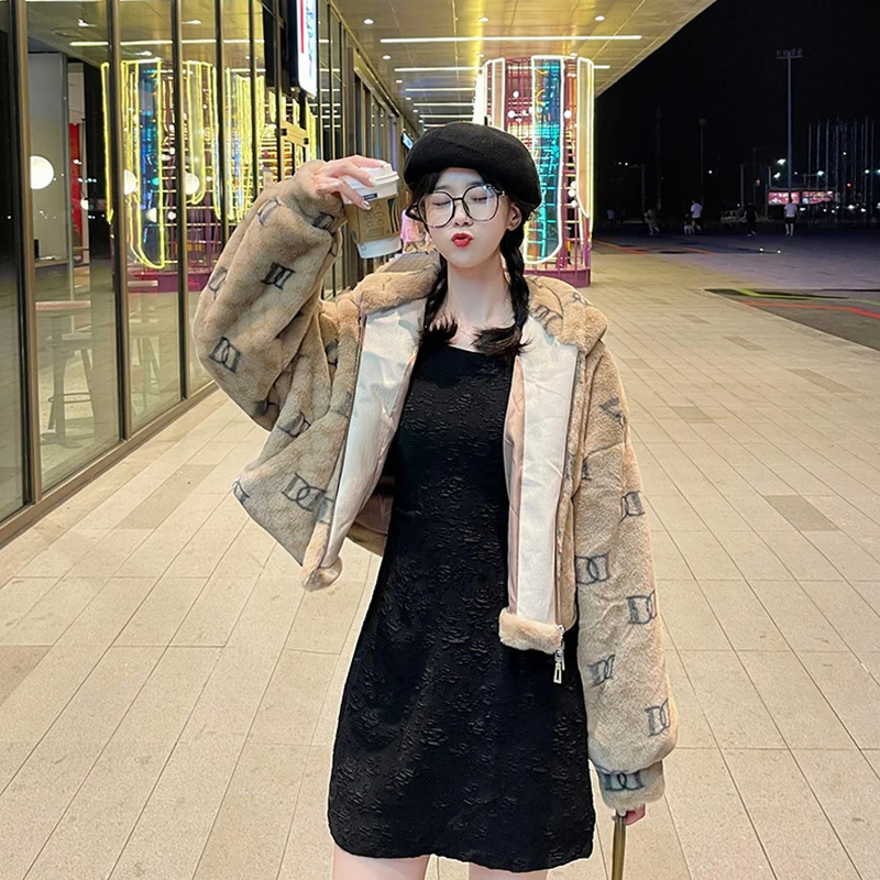 

Faux Fur Coat Plush Coat Slim Women's Winter Jacket Hooded Coat Women Letter Printing Teddy Bear Coat Korean Fashion