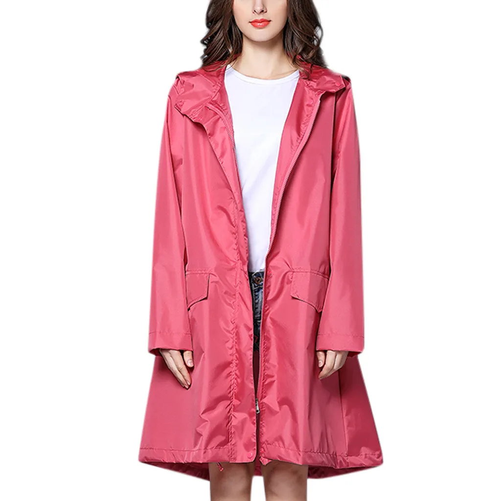 

Hoodie Windproof Trench Coat for Women Solid Color Waterproof Long Overcoat Female Outdoor Autumn Winter Outwear